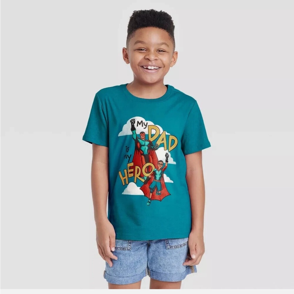 Cat & Jack™ Turquoise Blue Boys' 'Dad is My Hero' Graphic T-Shirt Size M(8)